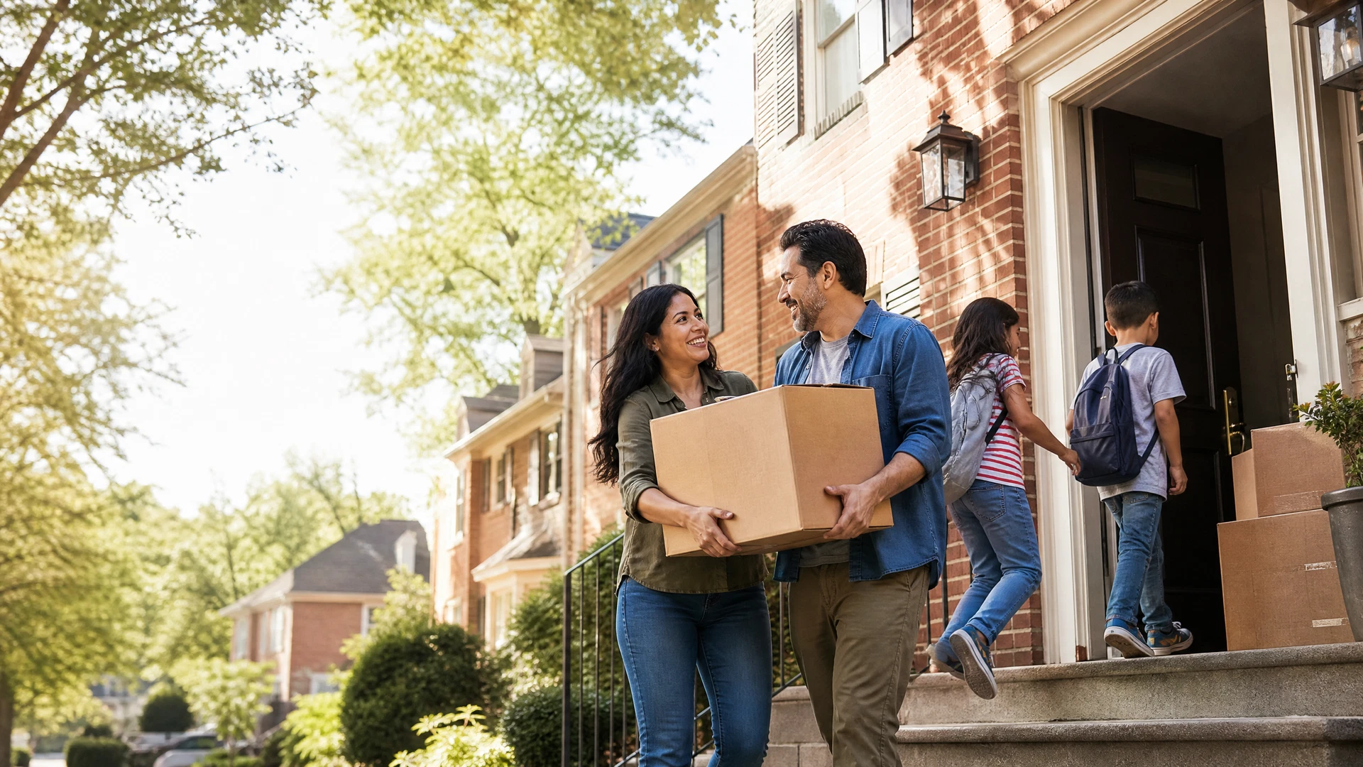 Una pareja hispana y sus dos hijos cargando cajas al entrar en su nuevo hogar